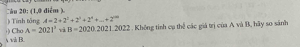 (1,0 điểm ). 
) Tính tổng A=2+2^2+2^3+2^4+...+2^(100)
) Cho A=2021^3 và B=2020.2021.2022. Không tính cụ thể các giá trị của A và B, hãy so sánh 
A và B.