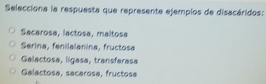 Selecciona la respuesta que represente ejemplos de disacáridos:
Sacarosa, lactosa, maltosa
Serina, fenilalanina, fructosa
Galactosa, ligasa, transferasa
Galactosa, sacarosa, fructosa