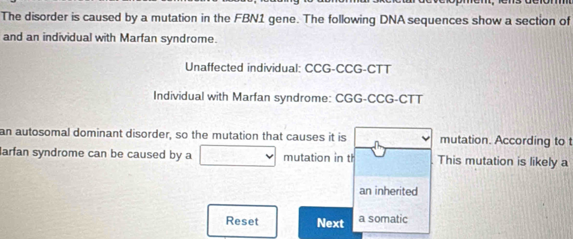 The disorder is caused by a mutation in the FBN1 gene. The following DNA sequences show a section of 
and an individual with Marfan syndrome. 
Unaffected individual: CCG-CCG-CTT 
Individual with Marfan syndrome: CGG-CCG-CTT 
an autosomal dominant disorder, so the mutation that causes it is mutation. According to t 
arfan syndrome can be caused by a overline XY mutation in th This mutation is likely a 
an inherited 
Reset Next a somatic