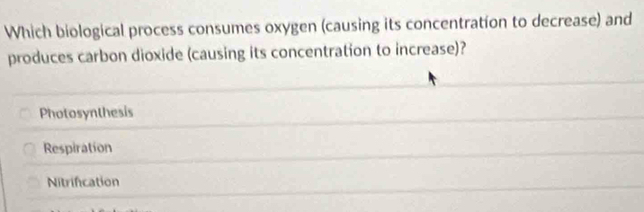 Which biological process consumes oxygen (causing its concentration to decrease) and
produces carbon dioxide (causing its concentration to increase)?
Photosynthesis
Respiration
Nitrification