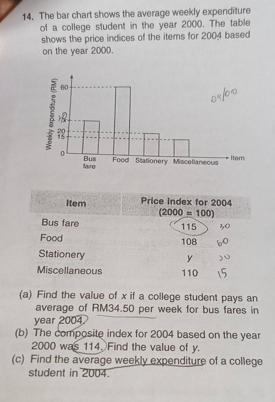 The bar chart shows the average weekly expenditure 
of a college student in the year 2000. The table 
shows the price indices of the items for 2004 based 
on the year 2000.
60
5
0 Bus Food Stationery Miscellaneous Item 
fare 
Item 
Price index for 2004
(2000=100)
Bus fare
115
Food
108
Stationery y 
Miscellaneous 110
(a) Find the value of x if a college student pays an 
average of RM34.50 per week for bus fares in 
year 2004
(b) The composite index for 2004 based on the year
2000 was 114. Find the value of y. 
(c) Find the average weekly expenditure of a college 
student in 2004.