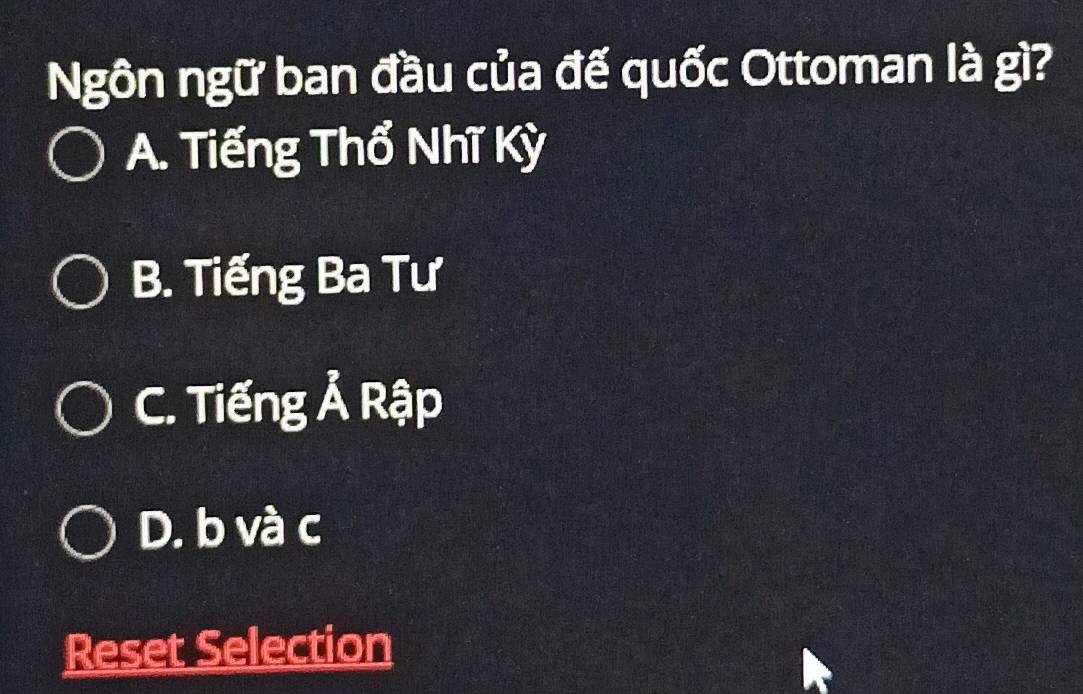 Ngôn ngữ ban đầu của đế quốc Ottoman là gì?
A. Tiếng Thổ Nhĩ Kỳ
B. Tiếng Ba Tư
C. Tiếng Ả Rập
D. b và c
Reset Selection