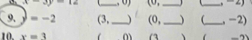 x-3y=12 _, (0,_ 
_ 
9. y=-2 (3,_ ) (0, _) (_^-2) 
10. x=3 、 -2