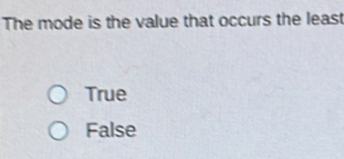 The mode is the value that occurs the least
True
False