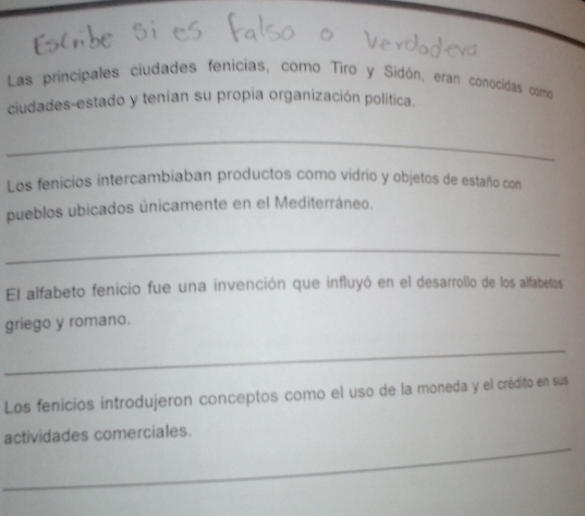 Las principales ciudades fenicias, como Tiro y Sidón, eran conocidas como 
ciudades-estado y tenían su propia organización política. 
_ 
Los fenicios intercambiaban productos como vidrio y objetos de estaño con 
pueblos ubicados únicamente en el Mediterráneo. 
_ 
El alfabeto fenicio fue una invención que influyó en el desarrollo de los alfabetos 
griego y romano. 
_ 
Los fenicios introdujeron conceptos como el uso de la moneda y el crédito en sus 
_ 
actividades comerciales.