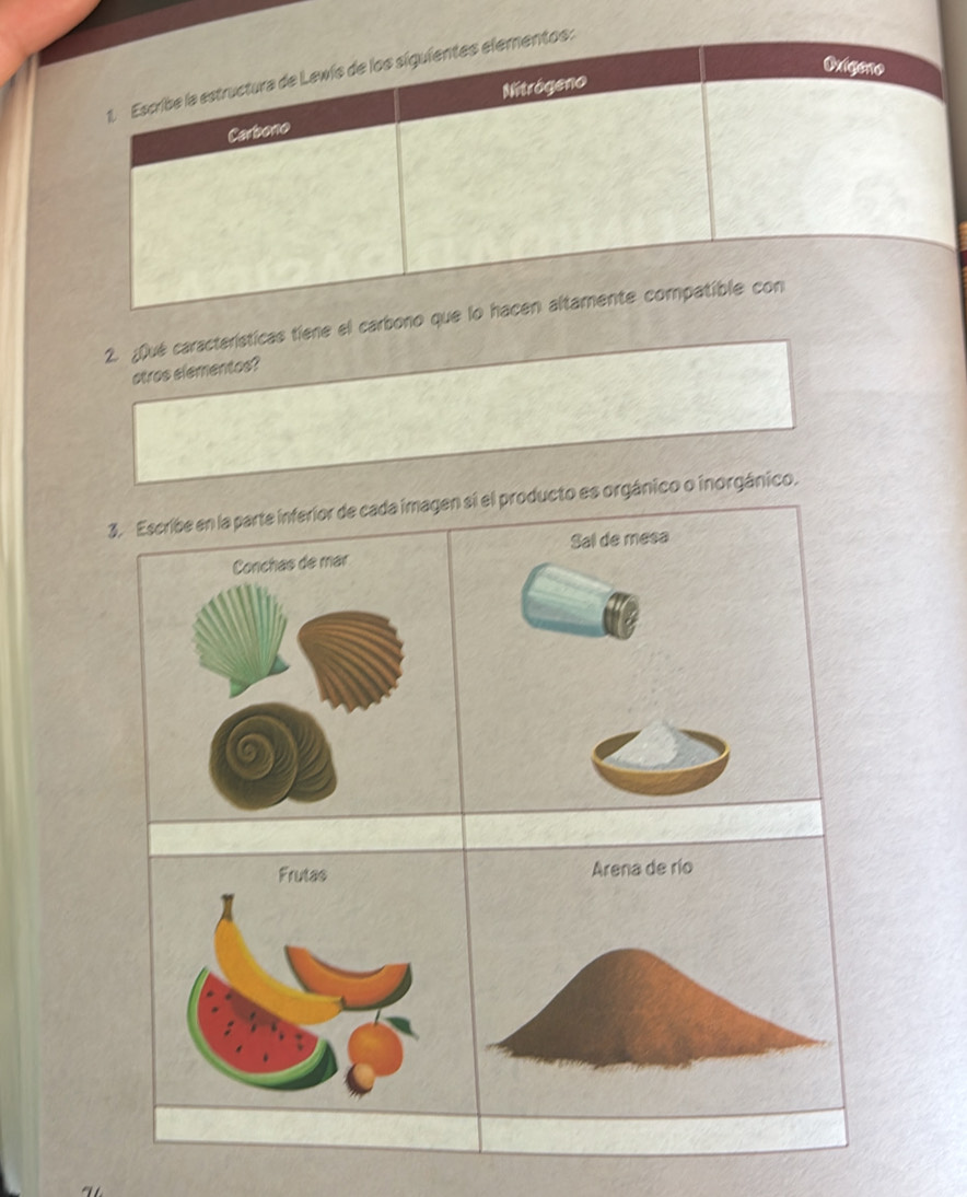 ¿Qué características tiene el carbon 
otros elementos? 
3.Escribe en la parte inferior de cada imagenel producto es orgánico o inorgánico. 
Arena de río