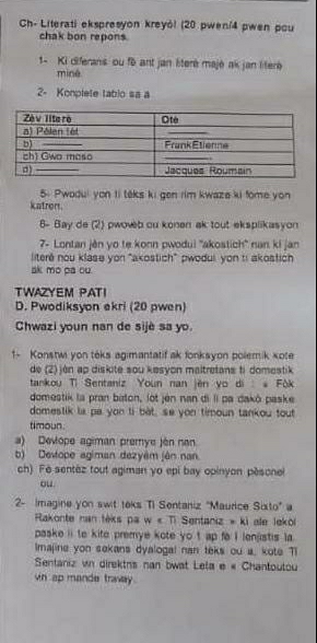 Ch- Literati ekspresyon kreyó! (20 pwen/4 pwen pou 
chak bon repons 
1- Ki diferans ou fe ant jan literé majé ak jan litere 
miné 
2- Konplete tablo sa a 
5. Pwodui yon Ii têks ki gen rim kwaze ki fome yon 
katron. 
8- Bay de (2) pwoweb ou konen ak tout eksplikasyon 
7- Lontan jèn yo te konn pwodui ''akostich'' nan ki jan 
litere nou klase yon "akostich" pwodui, yon ti akostich 
ak mo pa ou 
TWAZYEM PAT 
D. Pwodiksyon ekri (20 pwen) 
Chwazi youn nan de sijè sa yo 
1 Konstw yon teks agimantatif ak fonksyon polemik sote 
de (2) jén ap diskite sou kesyon maltretans ti domestik 
tankou Ti Sentaniz Youn nan jën vo di * Fók 
domestik la pran baton, lot jén nan di II pa dakō paske 
domestik la pa yon ti bat, se yon timoun tankou tout 
timoun. 
a) Deviope agiman premye jén nan 
b) Devtope agiman dezyêm jên nan 
ch). Fè sentez tout agiman yo epi bay opinyon pésonel 
ou. 
2- Imagine yon swit teks Ti Sentaniz "Maurice Sixto" a 
Rakonte nan tèks pa w « Ti Sentaniz » ki ale leköl 
paske ii te kite premye kote yo t ap fa I lenjistis la. 
Imajine yon sekans dyalogal nan teks ou a, kote T1 
Sentaniz vn direktns nan bwat Leta e « Chantoutou 
vin ap mande travay.