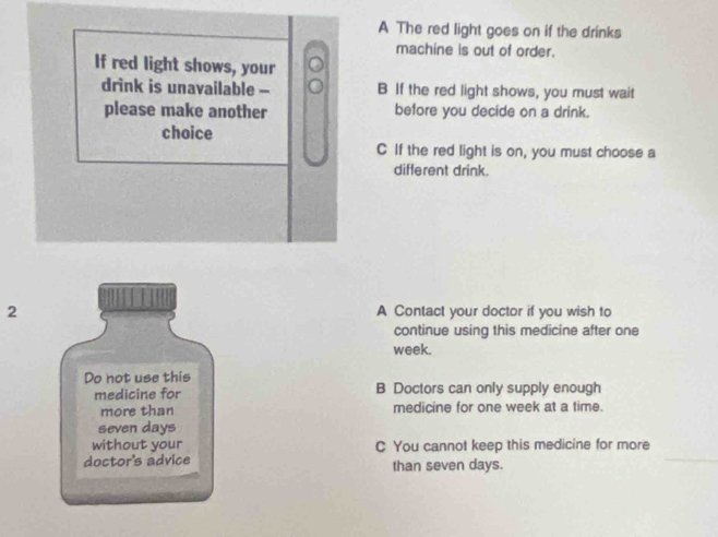 A The red light goes on if the drinks
machine is out of order.
If red light shows, your
drink is unavailable - B If the red light shows, you must wait
please make another before you decide on a drink.
choice
C If the red light is on, you must choose a
different drink.
2 A Contact your doctor if you wish to
continue using this medicine after one
week.
Do not use this
medicine for B Doctors can only supply enough
more than medicine for one week at a time.
seven days
without your C You cannot keep this medicine for more
doctor's advice than seven days.