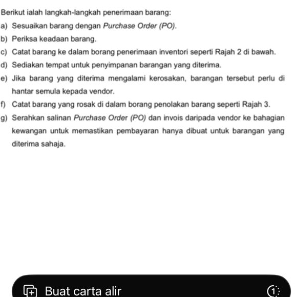 Berikut ialah langkah-langkah penerimaan barang: 
a) Sesuaikan barang dengan Purchase Order (PO). 
b) Periksa keadaan barang. 
c) Catat barang ke dalam borang penerimaan inventori seperti Rajah 2 di bawah. 
d) Sediakan tempat untuk penyimpanan barangan yang diterima. 
e) Jika barang yang diterima mengalami kerosakan, barangan tersebut perlu di 
hantar semula kepada vendor. 
f) Catat barang yang rosak di dalam borang penolakan barang seperti Rajah 3. 
g) Serahkan salinan Purchase Order (PO) dan invois daripada vendor ke bahagian 
kewangan untuk memastikan pembayaran hanya dibuat untuk barangan yang 
diterima sahaja. 
Buat carta alir 1