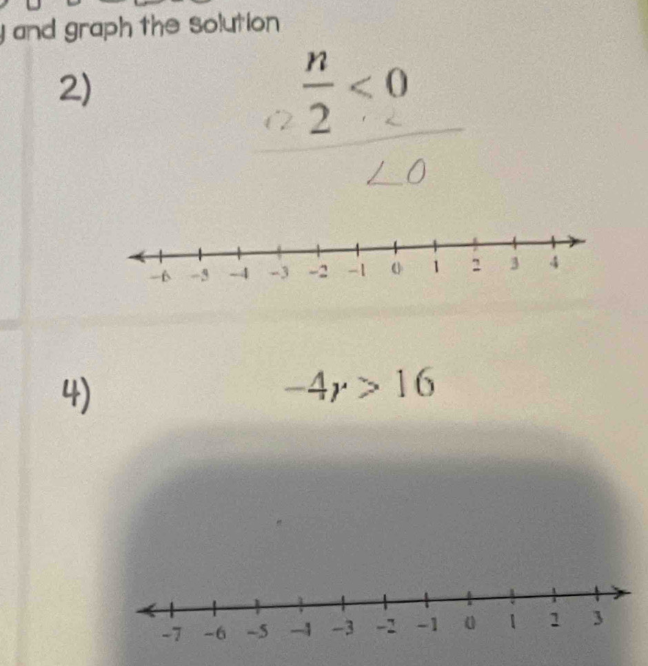 and graph the solution 
2)
 n/2 <0</tex> 
4)
-4r>16