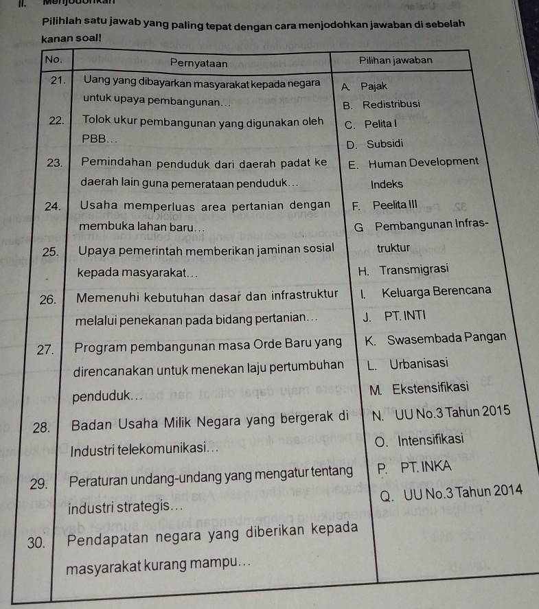 Menjodonkan 
Pilihlah satu jawab yang paling tepat dengan cara menjodohkan jawaban di sebelah 
14
3