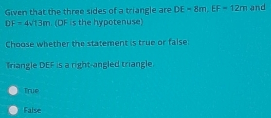 Solved: Given that the three sides of a triangle are DE=8m, EF=12m and ...