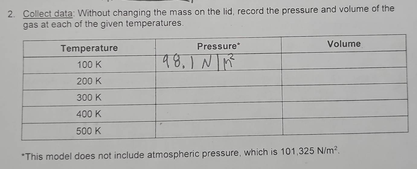 Collect data: Without changing the mass on the lid, record the pressure and volume of the 
gas at each of the given temperatures. 
*This model does not include atmospheric pressure, which is 101,325N/m^2.