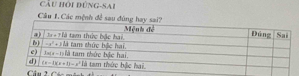 Câu hŌi đúng-SAi
Câu 1. Các mệnh đề sau đú
Các mô