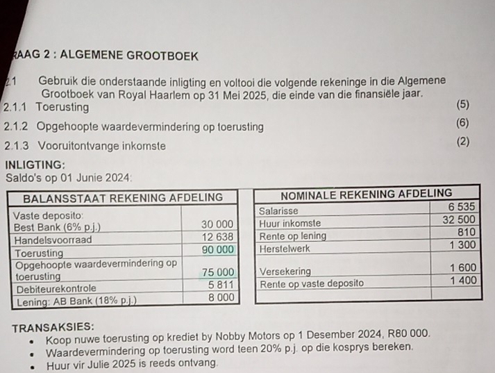 AAG 2 : ALGEMENE GROOTBOEK 
21 Gebruik die onderstaande inligting en voltooi die volgende rekeninge in die Algemene 
Grootboek van Royal Haarlem op 31 Mei 2025, die einde van die finansiële jaar. 
2.1.1 Toerusting (5) 
2.1.2 Opgehoopte waardevermindering op toerusting (6) 
2.1.3 Vooruitontvange inkomste (2) 
INLIGTING: 
Saldo's op 01 Junie 2024 
TRANSAKSIES: 
Koop nuwe toerusting op krediet by Nobby Motors op 1 Desember 2024, R80 000. 
Waardevermindering op toerusting word teen 20% p.j. op die kosprys bereken. 
Huur vir Julie 2025 is reeds ontvang.