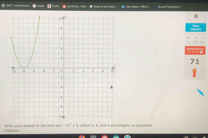 online forms Snake Portal sportsYou - Feed Make an Ice Cream.. Hero Maker - PBS KI... Should People Be H..
8
Time 
elapsed 
00 10 13 
HR TN BEC 
SmartScore 
out of 100 
71 
Write your answer in the form a(x-h)^2+k , where a, h, and k are integers or simplified 
fractions.