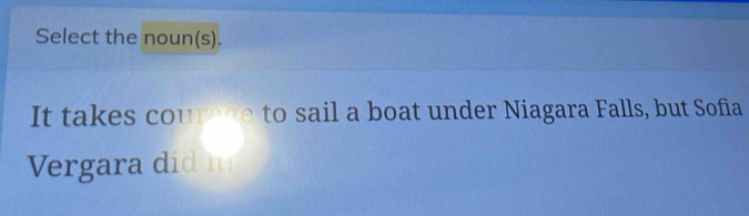 Select the noun(s). 
It takes courege to sail a boat under Niagara Falls, but Sofia 
Vergara did n