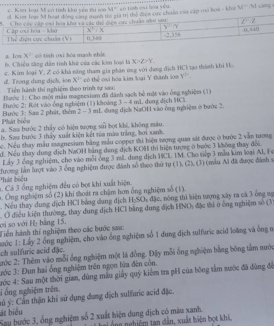 c. Kim loại M có tính khử yêu thì ion M^(n-) có tính oxi hóa yếu.
điện cực chuẩn của cập oxỉ hoá - khứ M '/M càng  ở
5
a. Ion X^2 có tính oxi hóa mạnh nhất.
b. Chiều tăng dần tính khử của các kim loại là X>Z>Y.
c. Kim loại Y, Z có khả năng tham gia phản ứng với dung dịch HCl tạo thành khí H_2.
d. Trong dung dịch, ion X^(2+) có thể oxi hóa kim loại Y thành ion Y^(2+)
Tiến hành thí nghiệm theo trình tự sau:
Bước 1: Cho một mẫu magnesium đã đánh sạch bề mặt vào ống nghiệm (1)
Bước 2: Rót vào ống nghiệm (1) khoảng 3 - 4 mL dung dịch HCl.
Bước 3: Sau 2 phút, thêm 2 - 3 mL dung dịch NaOH vào ổng nghiệm ở bước 2.
Phát biểu
a. Sau bước 2 thấy có hiện tượng sửi bọt khí, không màu.
b. Sau bước 3 thấy xuất kiện kết tủa màu trắng, hơi xanh.
c. Nếu thay mẫu magnesium bằng mẫu copper thì hiện tượng quan sát được ở bước 2 vẫn tương
d. Nếu thay dung dịch NaOH bằng dung dịch KOH thì hiện tượng ở bước 3 không thay đổi.
Lấy 3 ống nghiệm, cho vào mỗi ống 3 mL dung dịch HCL 1M. Cho tiếp 3 mẫu kim loại Al, Fe
đương lần lượt vào 3 ống nghiệm được đánh số theo thứ tự (1), (2), (3) (mẫu Al đã được đánh sĩ
Phát biểu
1. Cả 3 ống nghiệm đều có bọt khí xuất hiện.
5. Ông nghiệm số (2) khí thoát ra chậm hơn ống nghiệm số (1).
.  Nếu thay dung dịch HCl bằng dung dịch I I_2SO_4 a đặc, nóng thì hiện tượng xảy ra cả 3 ống ng
. Ở điều kiện thường, thay dung dịch HCl bằng dung dịch HNO₃ đặc thì ở ống nghiệm số (3)
ơi so với H_2 bằng 15.
Tiến hành thí nghiệm theo các bước sau:
Lước 1: Lấy 2 ống nghiệm, cho vào ống nghiệm số 1 dung dịch sulfuric acid loãng và ống n
ch sulfuric acid đặc.
2ước 2: Thêm vào mỗi ống nghiệm một lá đồng. Đậy mỗi ống nghiệm bằng bông tầm nước
3rớc 3: Đun hai ổng nghiệm trên ngọn lửa đèn cồn.
tước 4: Sau một thời gian, dùng mầu giấy quỳ kiểm tra pH của bông tầm nước đã dùng để
i ống nghiệm trên.
*ú ý: Cần thận khi sử dụng dung dịch sulfuric acid đặc.
át biểu
Sau bước 3, ống nghiệm số 2 xuất hiện dung dịch có màu xanh.
hai ố ng nghiệm tan dần, xuất hiện bọt khí,