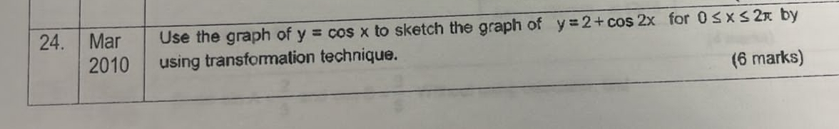 Mar Use the graph of y=cos x to sketch the graph of y=2+cos 2x for 0≤ x≤ 2π by 
2010 using transformation technique. 
(6 marks)