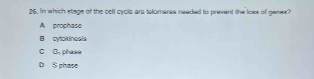 In which stage of the cell cycle are telomeres needed to prevent the loss of genes?
A prophase
B cytokinesis
C G_1 phase
D S phase