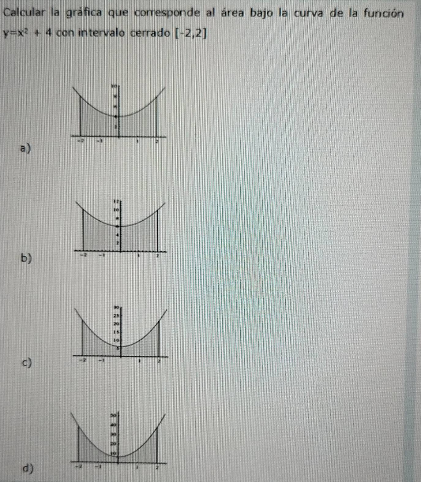 Calcular la gráfica que corresponde al área bajo la curva de la función
y=x^2+4 con intervalo cerrado [-2,2]
a) 
b) 
c) 
d)