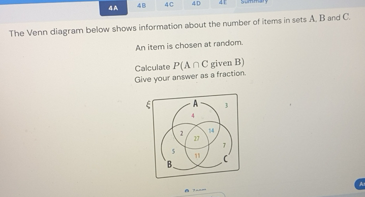 Solved: 4A 4B 4C 4D 4E summary The Venn diagram below shows information ...