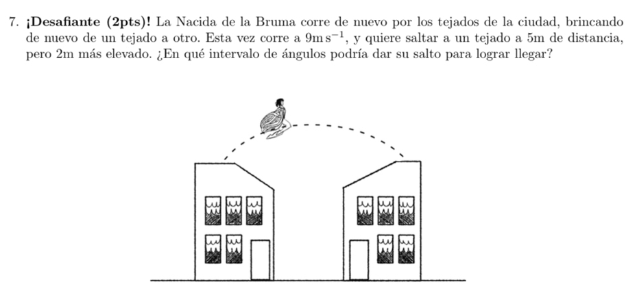 ¡Desafiante (2pts)! La Nacida de la Bruma corre de nuevo por los tejados de la ciudad, brincando 
de nuevo de un tejado a otro. Esta vez corre a 9ms^(-1) , y quiere saltar a un tejado a 5m de distancia, 
pero 2m más elevado. ¿En qué intervalo de ángulos podría dar su salto para lograr llegar?