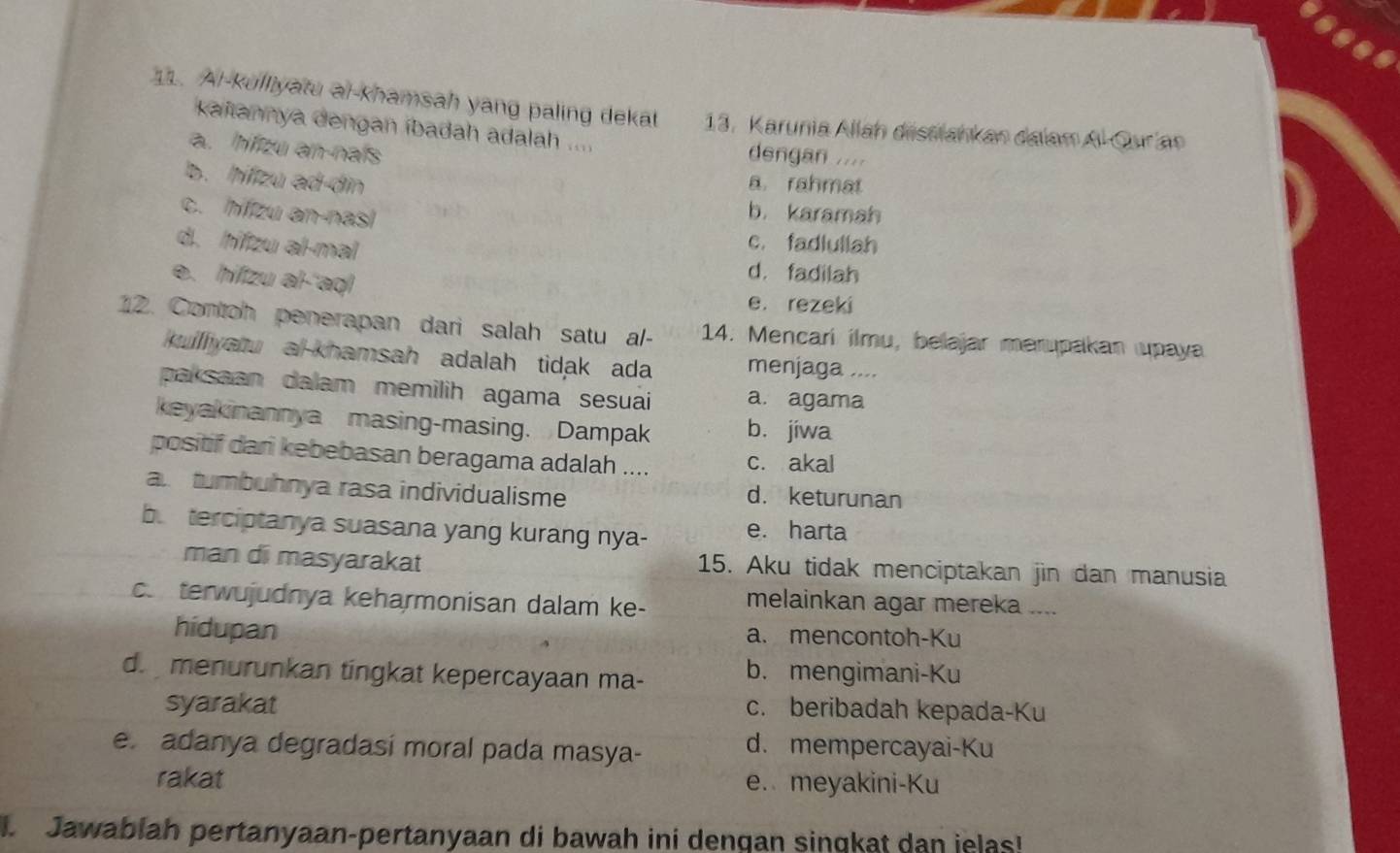 Al-kulliyatu ai-khamsah yang paling dekal 13. Karunia Allah disslankan dalam Al- Qurian
kaitannya dengan íbadah adalah .... dengan ....
a. hifzu an-naís
b. hífzu ad-din a rahmat
c. hfzu an-nasl
b. karamah
c. fadlullah
d. hfzu al-məl d. fadilah
e. hifzu al-'aq!
e. rezeki
12. Contoh penerapan dari salah satu al- 14. Mencari ilmu, belajar merupakan upaya
kullyatu al-khamsah adalah tidak ada menjaga ....
paksaan dalam memilih agama sesuai a. agama
keyakinannya masing-masing. Dampak b. jiwa
positif dani kebebasan beragama adalah .... c. akal
a tumbuhnya rasa individualisme d. keturunan
b. terciptanya suasana yang kurang nya- e. harta
man di masyarakat 15. Aku tidak menciptakan jin dan manusia
c. terwujudnya keharmonisan dalam ke-
melainkan agar mereka ....
hidupan a. mencontoh-Ku
d. menurunkan tingkat kepercayaan ma- b. mengimani-Ku
syarakat c. beribadah kepada-Ku
e. adanya degradasí moral pada masya- d. mempercayai-Ku
rakat e. meyakini-Ku
I. Jawablah pertanyaan-pertanyaan di bawah ini dengan singkat dan jelas!