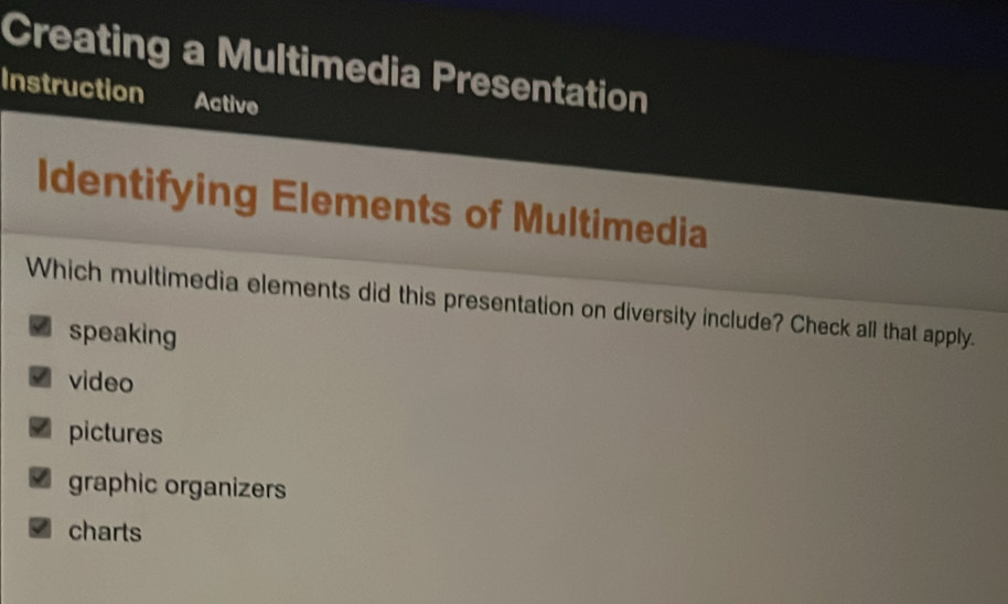 Creating a Multimedia Presentation
Instruction Active
Identifying Elements of Multimedia
Which multimedia elements did this presentation on diversity include? Check all that apply.
speaking
A video
pictures
graphic organizers
charts