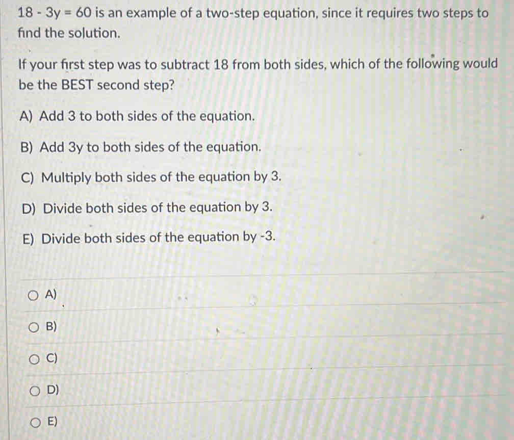 Solved: 18-3y=60 is an example of a two-step equation, since it ...