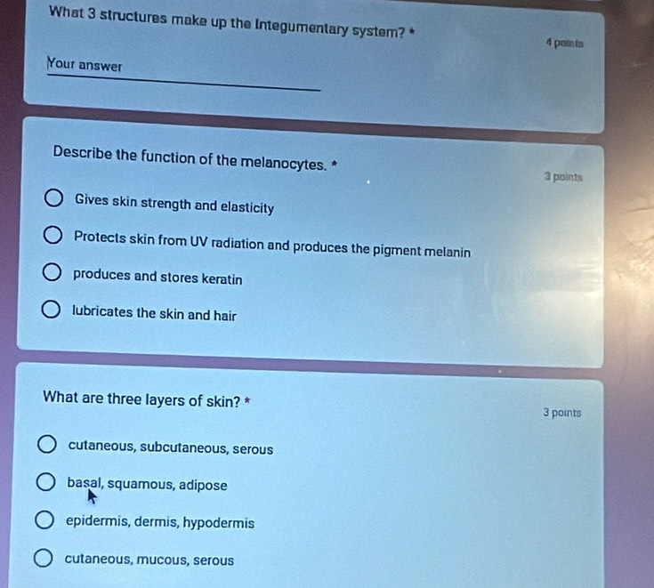 What 3 structures make up the Integumentary system? * 4 paints
Your answer
Describe the function of the melanocytes. * 3 points
Gives skin strength and elasticity
Protects skin from UV radiation and produces the pigment melanin
produces and stores keratin
lubricates the skin and hair
What are three layers of skin? * 3 points
cutaneous, subcutaneous, serous
basal, squamous, adipose
epidermis, dermis, hypodermis
cutaneous, mucous, serous