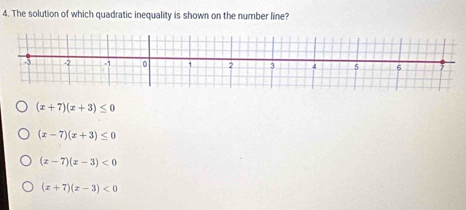 The solution of which quadratic inequality is shown on the number line?
-3 -2 -1 0 1 2 3 4 5 6 7
(x+7)(x+3)≤ 0
(x-7)(x+3)≤ 0
(x-7)(x-3)<0</tex>
(x+7)(x-3)<0</tex>