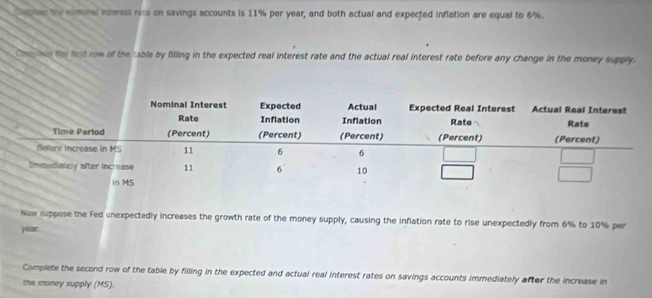 the eamunal interest rate on savings accounts is 11% per year, and both actual and expected inflation are equal to 6%. 
the ice the first row of the table by filling in the expected real interest rate and the actual real interest rate before any change in the money supply . 
Now suppose the Fed unexpectedly increases the growth rate of the money supply, causing the inflation rate to rise unexpectedly from 6% to 10% per
year. 
Complete the second row of the table by filling in the expected and actual real interest rates on savings accounts immediately after the increase in 
the maney supply (MS).