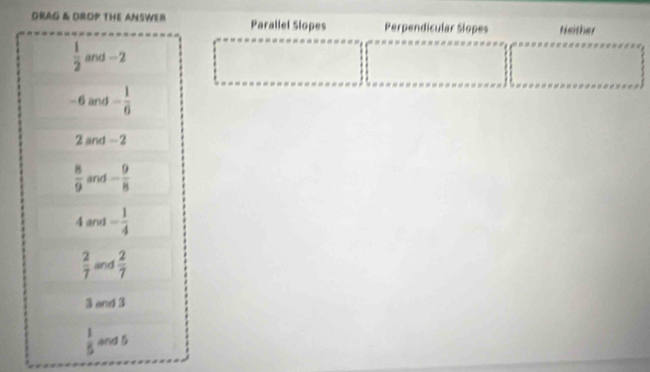 DRAG & DROP THE ANSWER Parallel Slopes Perpendicular Slopes Neither
 1/2  and -2
-6 and - 1/6 
2 and -2
 8/9  and - 9/8 
4 and - 1/4 
 2/7  and  2/7 
3 and 3
 1/5  and 5