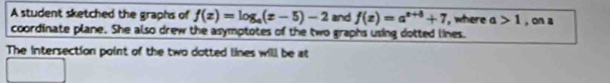 A student sketched the graphs of f(x)=log _a(x-5)-2 and f(x)=a^(x+5)+7 , where a>1 , on a 
coordinate plane. She also drew the asymptotes of the two graphs using dotted lines. 
The intersection point of the two dotted lines will be at