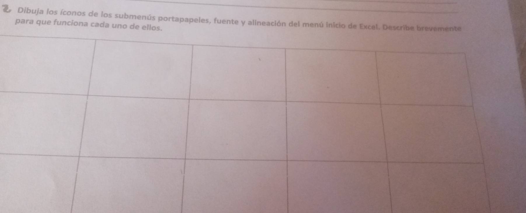 Dibuja los íconos de los submenús portapapeles, fuente y alineación del menú inicio de Excel. Desc 
para que funciona cada uno de ell