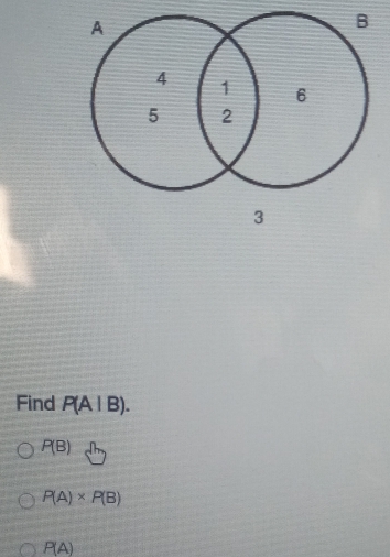 Find P(A|B).
P(B)d
P(A)* P(B)
P(A)