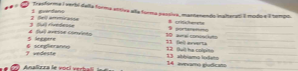 Trasforma i verbí dalla forma attiva ala forma passiva, mantenendo inalterati il mado e il tempo. 1 guardano 
_ 
_ 
2 ((lel) ammirasse crficherete 
_ 
3 ((b)) rívedesse 3 porteremmo_ 
4 (luí) avesse convínto 
_ 
_ 
_10 avraï conoscuto 
5 leggere 
_11 ((lei) awverta 
6 sceglieranno 
_12 (luì) ha colpito 
_ 
7 vedeste 
_13 abbiamo lodato 
_ 
14 avevamo giudicato 
_ 
99 Analizza le vocí verbali i 
_