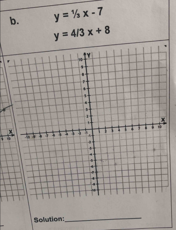 y=1/3x-7
y=4/3x+8
9 1
Solution:_