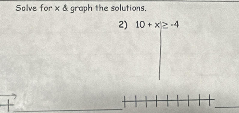 Solve for x & graph the solutions. 
2) 10+x)≥ -4
_