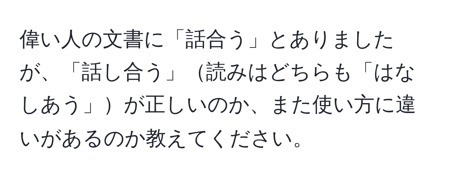 偉い人の文書に「話合う」とありましたが、「話し合う」読みはどちらも「はなしあう」が正しいのか、また使い方に違いがあるのか教えてください。