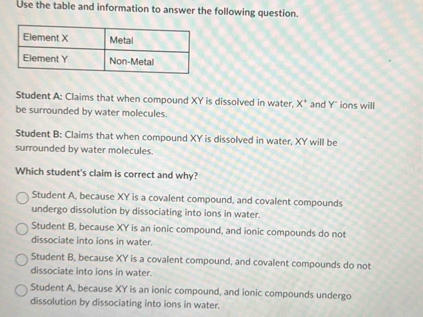 Use the table and information to answer the following question.
Student A: Claims that when compound XY is dissolved in water, X^+ and Y ions will
be surrounded by water molecules.
Student B: Claims that when compound XY is dissolved in water, XY will be
surrounded by water molecules.
Which student's claim is correct and why?
Student A, because XY is a covalent compound, and covalent compounds
undergo dissolution by dissociating into ions in water.
Student B, because XY is an ionic compound, and ionic compounds do not
dissociate into ions in water.
Student B, because XY is a covalent compound, and covalent compounds do not
dissociate into ions in water.
Student A, because XY is an ionic compound, and ionic compounds undergo
dissolution by dissociating into ions in water.