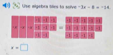 Use algebra tiles to solve -3x-8=-14. 

=
x=□