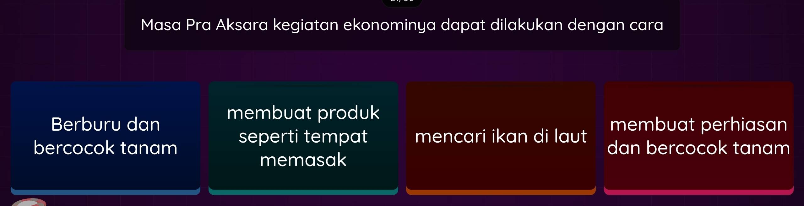 Masa Pra Aksara kegiatan ekonominya dapat dilakukan dengan cara 
membuat produk 
Berburu dan membuat perhiasan 
seperti tempat mencari ikan di laut 
bercocok tanam dan bercocok tanam 
memasak