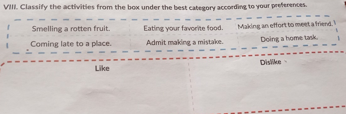 Classify the activities from the box under the best category according to your preferences. 
Smelling a rotten fruit. Eating your favorite food. Making an effort to meet a friend. 
Coming late to a place. Admit making a mistake. Doing a home task. 
Like Dislike