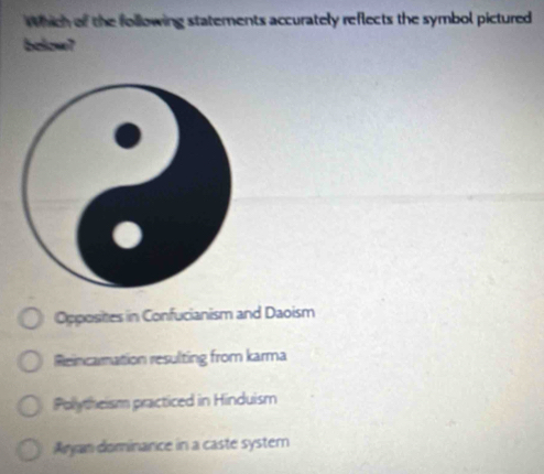 Which of the following statements accurately reflects the symbol pictured
below?
Opposites in Confucianism and Daoism
Reincamation resulting from karma
Polytheism practiced in Hinduism
Aryan dominance in a caste system