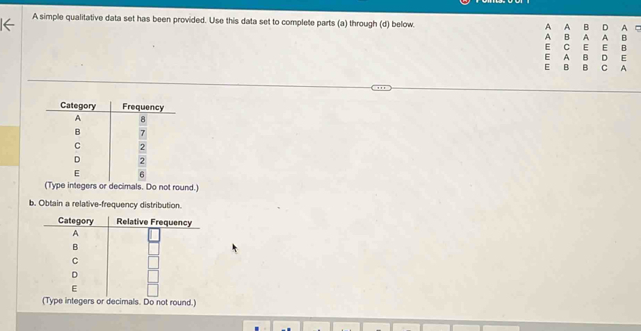 A simple qualitative data set has been provided. Use this data set to complete parts (a) through (d) below. A A B D A 
A B A A B 
E C E E B 
E A B D E 
E B C A 
(Type integers or decimals. Do not round.) 
b. Obtain a relative-frequency distribution. 
gers or decimals. Do not round.)