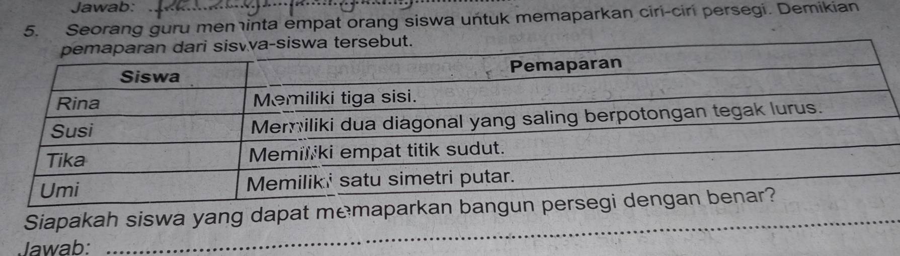 Jawab: 
5. Seorang guru men inta empat orang siswa untuk memaparkan ciri-ciri persegi. Demikian 
_ 
_ 
Siapakah siswa yang dapat mema 
Jawab: