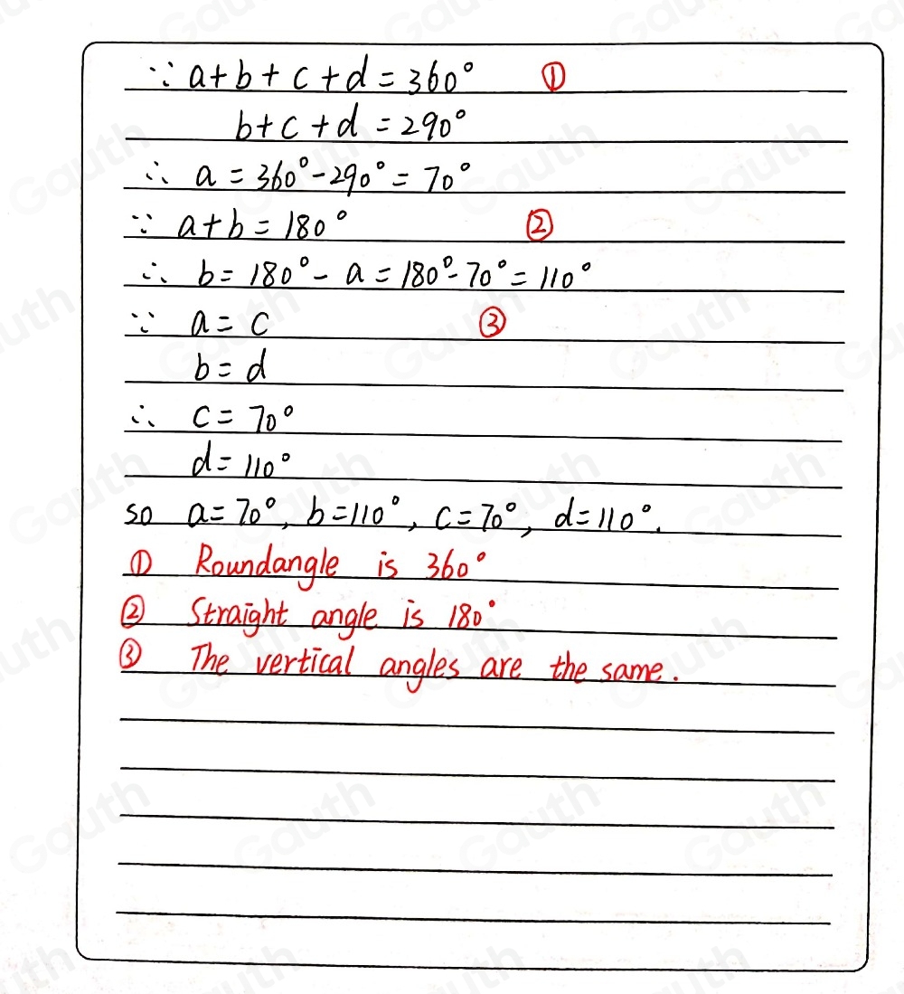 Solved: Two straight lines cross at a point. b+c+d=290° Work out the ...