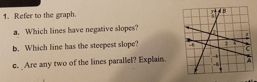 Refer to the graph. 
a. Which lines have negative slopes? 
b. Which line has the steepest slope? 
c. Are any two of the lines parallel? Explain.